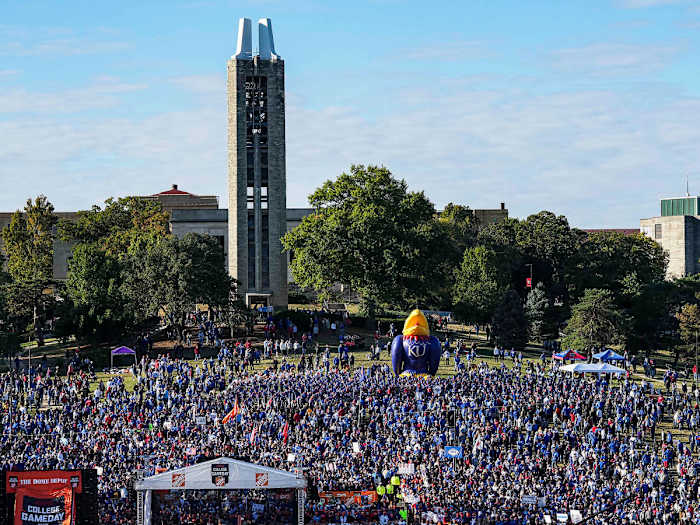The College GameDay scene on Kansas’s campus